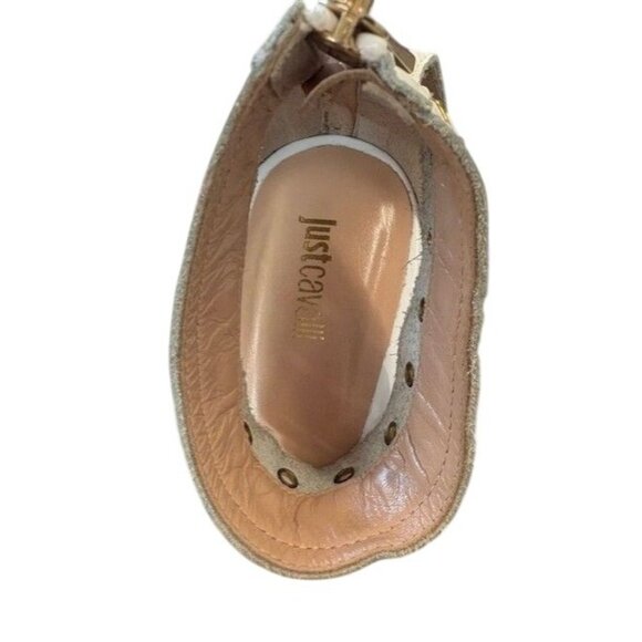 Justcavalli White Heeled Sandals With Gold Grommet & Zipper Details Open Toe - Picture 4 of 5